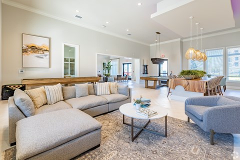 A living room with a grey sofa and a coffee table.