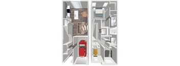 A diagram of a two-story house with a red car in the garage.