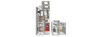 A floor plan of a two-story apartment with a red door on the bottom floor.