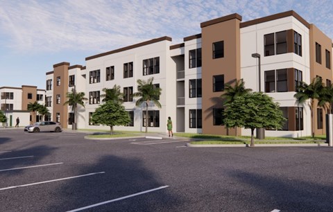 A rendering of a modern apartment complex with a parking lot in front.