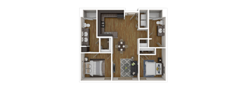 A 3D floor plan of a small apartment with two bedrooms, a living room, and a kitchen.