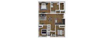 A 3D floor plan of a small apartment with a bedroom, living room, kitchen, and bathroom.