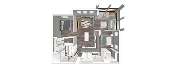 A 3D floor plan of a house with a kitchen, living room, and bathroom.