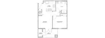 A floor plan of a house with a living room, kitchen, two bedrooms, a bathroom, and storage.