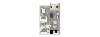 A floor plan of a small apartment with a bedroom, living room, and bathroom.