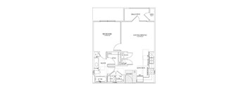 A floor plan of a house with a balcony, bedroom, living/dining area, bathroom, kitchen, and entry.