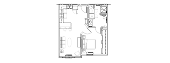 A floor plan of a house with a kitchen, living room, and bathrooms.