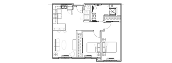 A floor plan of a house with a kitchen, living room, and bathrooms.