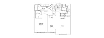 A floor plan of a house with a kitchen, living room, dining room, and bathroom.
