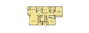 A floor plan of a house with a living room, dining room, kitchen, two bedrooms, and an accessible bedroom.