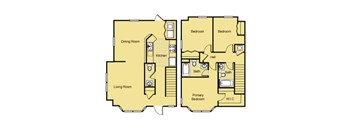 A floor plan of a house with a living room, dining room, kitchen, and bedrooms.