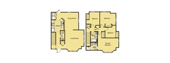 A floor plan of a house with a living room, dining room, kitchen, and multiple bedrooms.