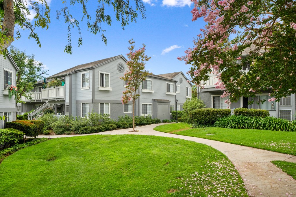the view of an apartment building with a sidewalk and green grass