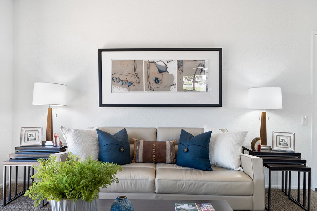 a living room with a couch and pillows and a framed picture on the wall