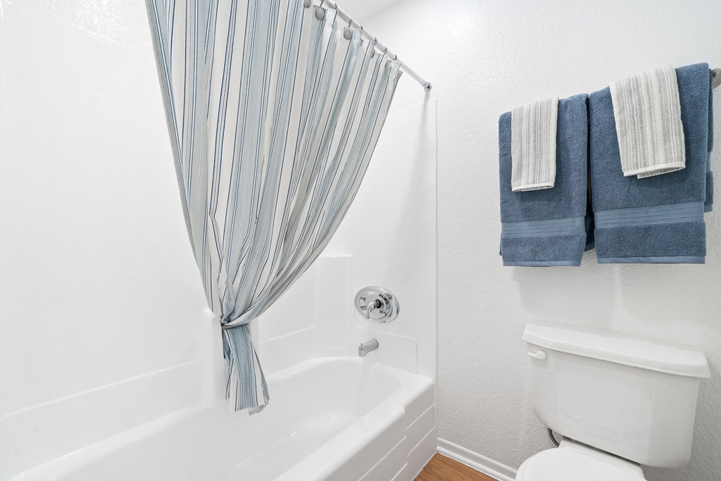 a bathroom with a tub and a toilet and a shower with towels