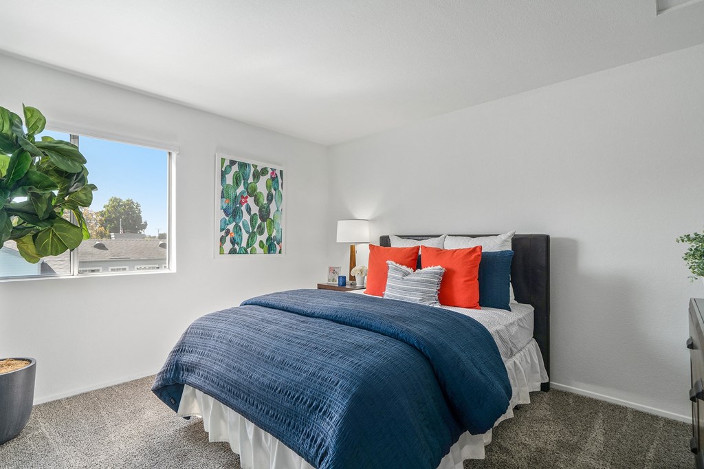 a bedroom with a bed and a window