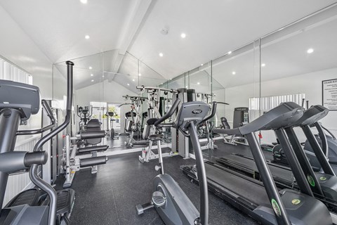 a gym with cardio equipment and mirrors on the wall