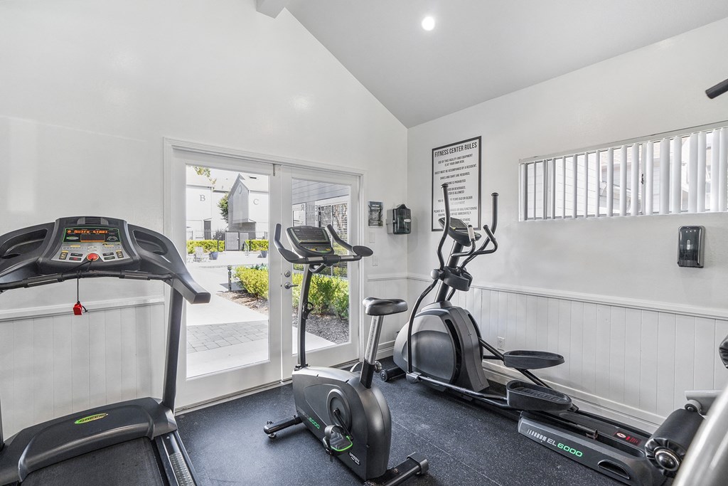 the gym has plenty of cardio equipment and a sliding glass door to the patio