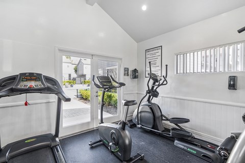 the gym has plenty of cardio equipment and a sliding glass door to the patio