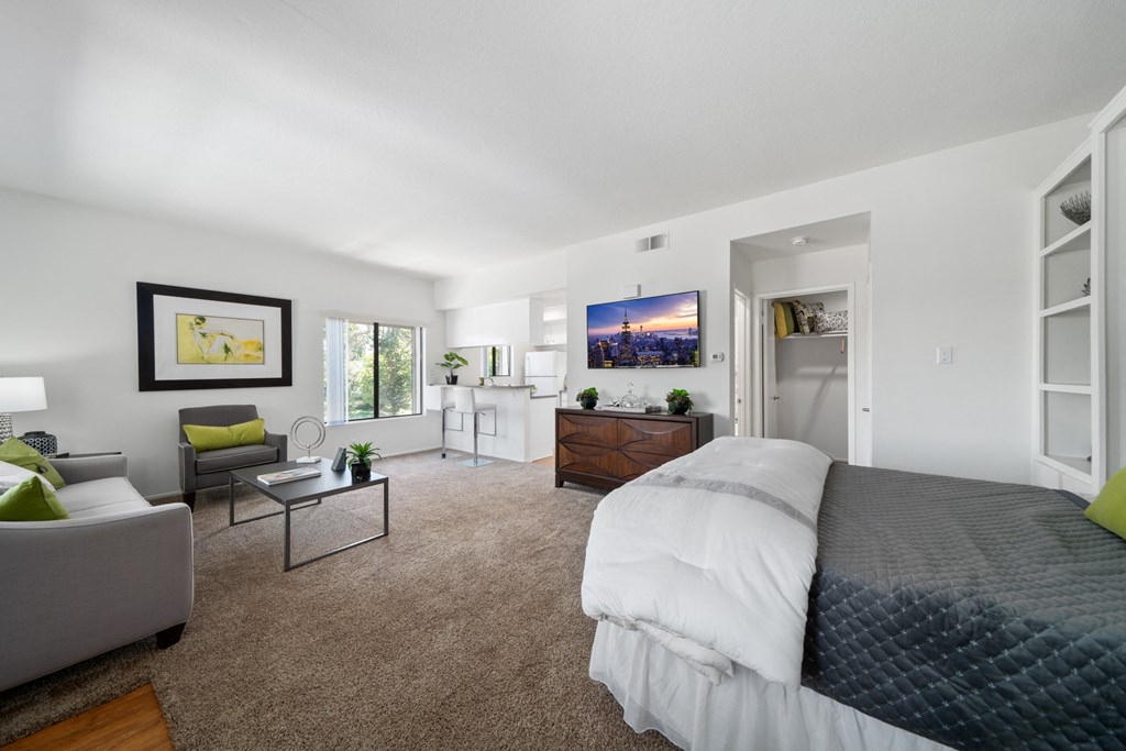 a bedroom with a bed and a couch