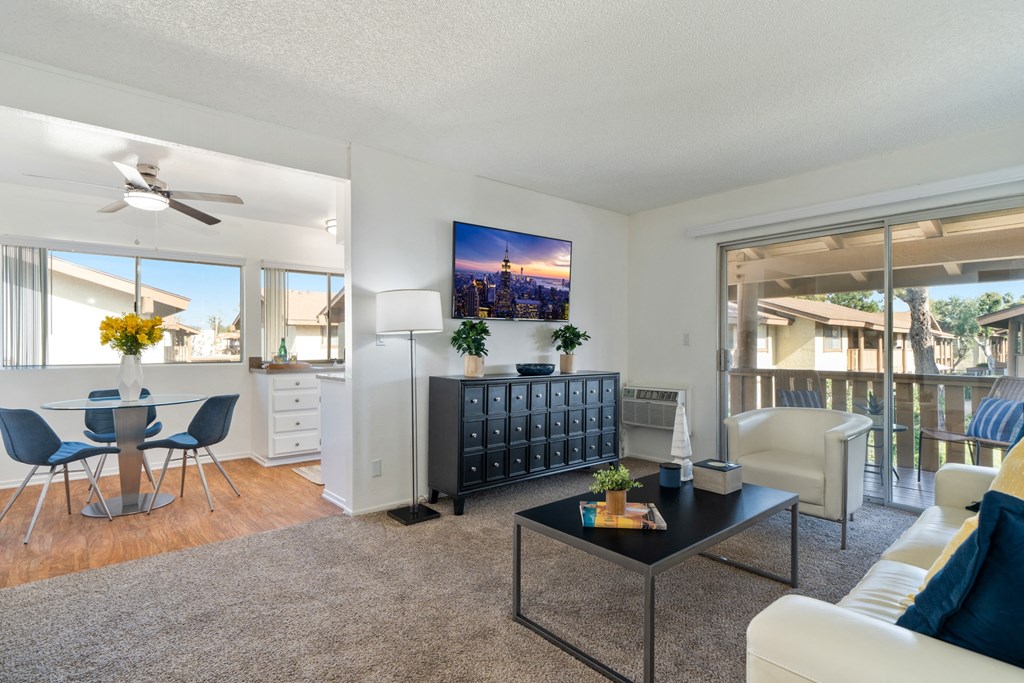 a living room with a couch and a table