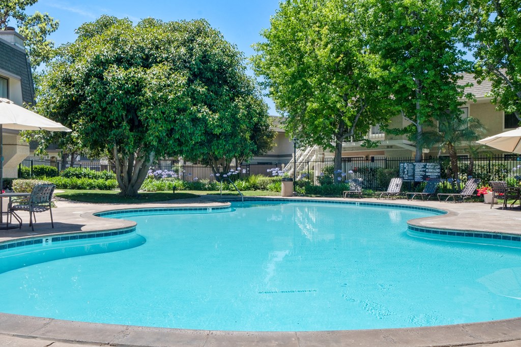 a swimming pool with trees and umbrellas near a building