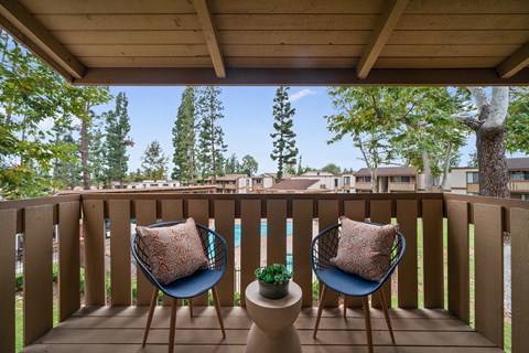 a balcony with two chairs and a view of a pool and trees