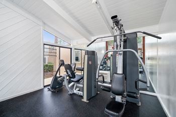 a gym with weights and cardio equipment in a building