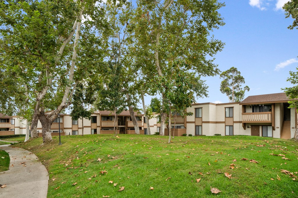 an exterior view of an apartment building with grass and trees