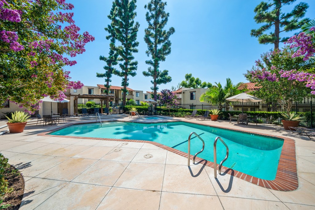 a swimming pool with trees and buildings in the background