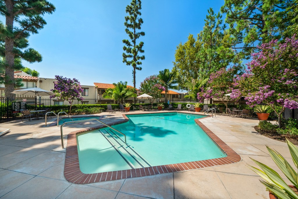 a swimming pool with trees and umbrellas in a resort style pool area