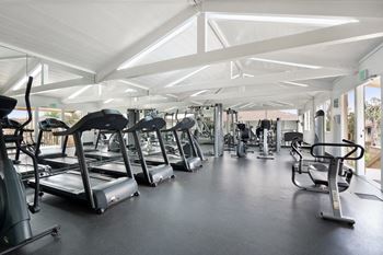 a gym with cardio equipment and weights on the floor