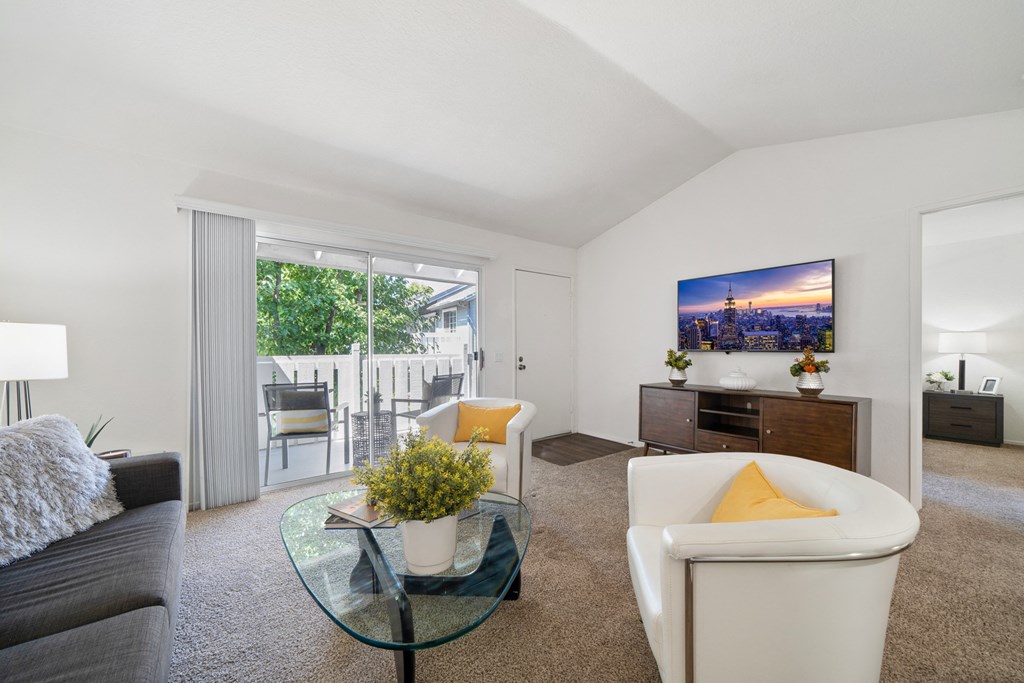 a living room with a couch and a glass coffee table and a tv