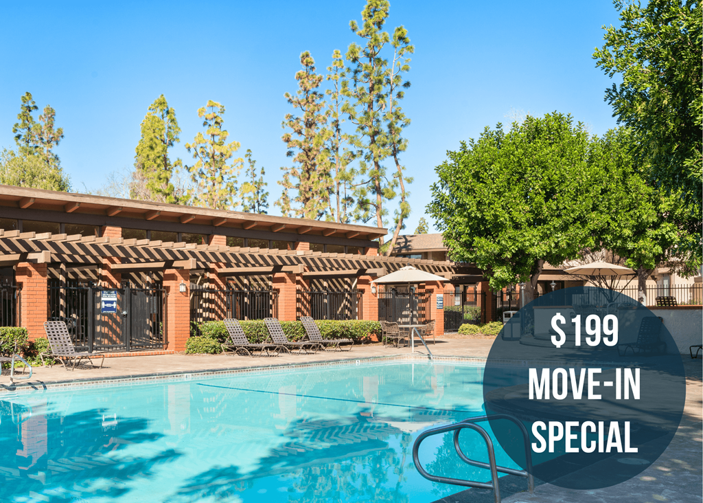 a hotel pool with a blue sky in the background and the words $199 move in special