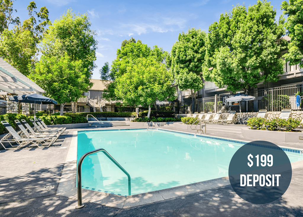 a swimming pool with chairs and trees next to a resort style pool