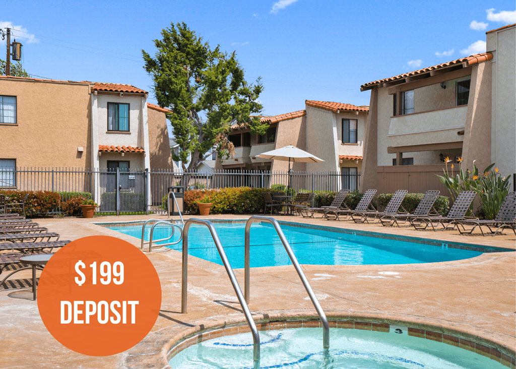 a swimming pool in front of apartments with a 199 deposit