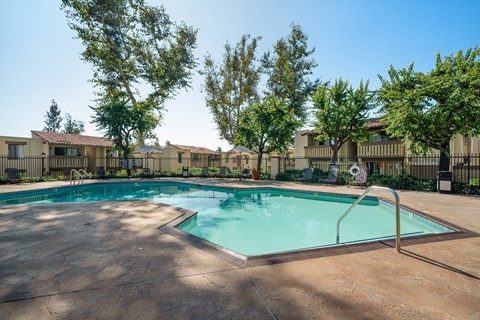 a swimming pool with trees and buildings in the background