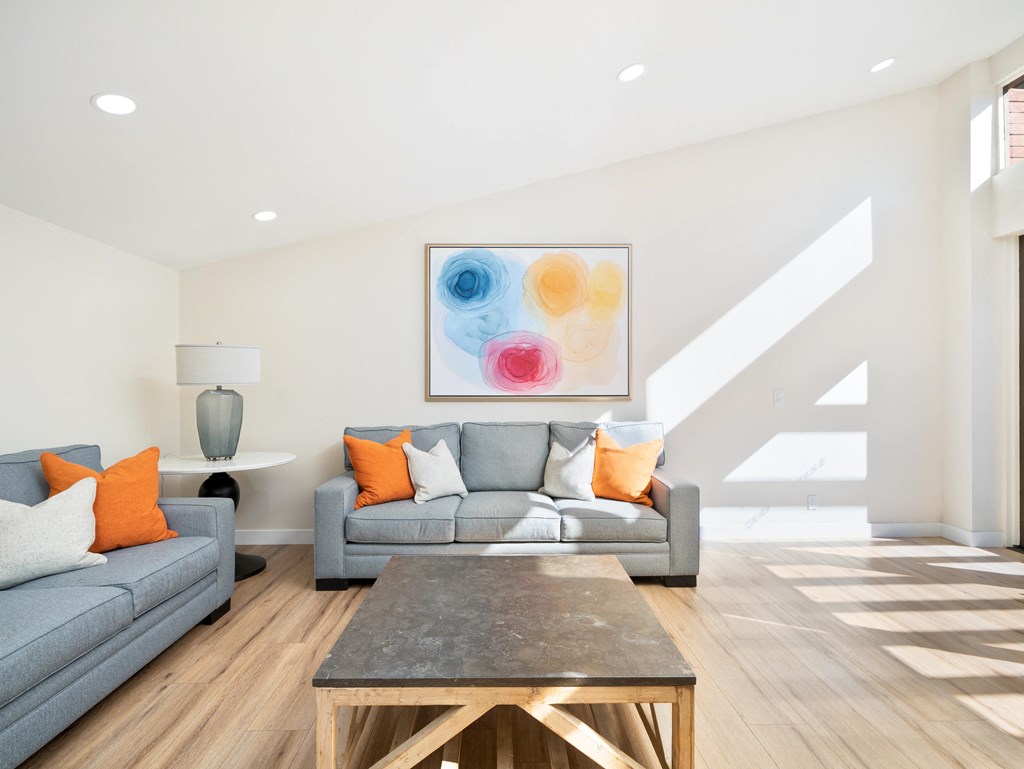 a living room with two couches and a coffee table