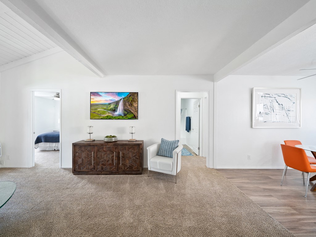 a living room with white walls and a brown carpet