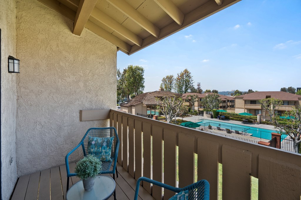 a balcony with two chairs and a view of a swimming pool