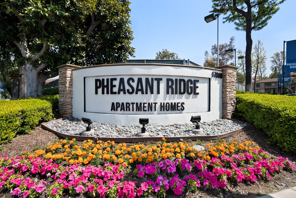 a sign apartments homes in front of colorful flowers