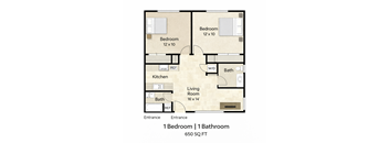 A floor plan of a one bedroom apartment with a living room, kitchen, and two bathrooms.