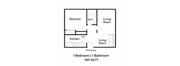 A floor plan of a small apartment with one bedroom and one bathroom.