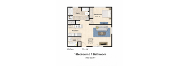 A floor plan of a one bedroom one bathroom apartment.