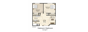 A floor plan of a small apartment with one bedroom and one bathroom.
