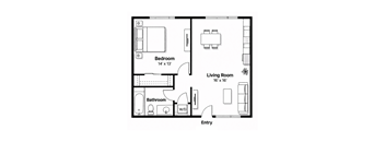 A black and white image of a floor plan for a small apartment.