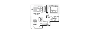 A floor plan of a small apartment with a living room, kitchen, dining area, and two bedrooms.