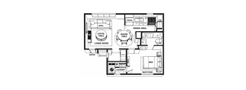 A black and white diagram of a living space with a laundry area.