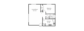 A floor plan of a small apartment with a living room, bedroom, kitchen, and pantry.