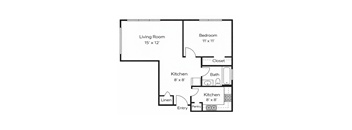 A floor plan of a small apartment with a living room, bedroom, and kitchen.